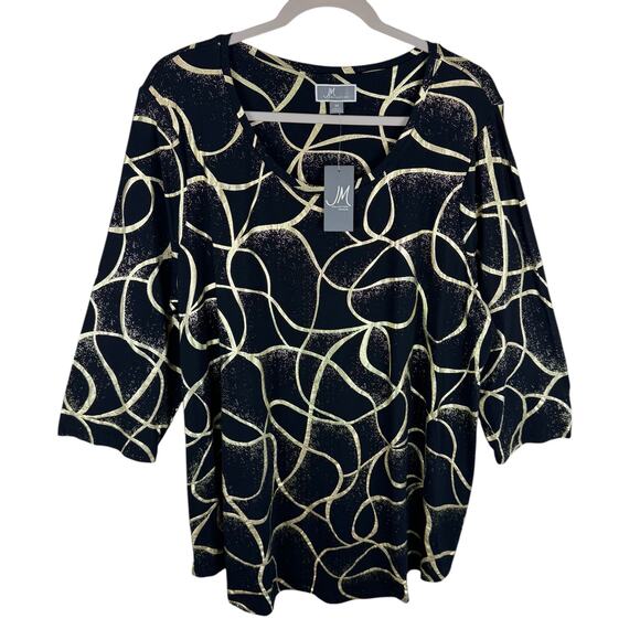 JM Collection NWT Black & Gold Shimmer 3/4 Sleeve Stretchy Rayon Blouse Size 3X - Picture 1 of 5